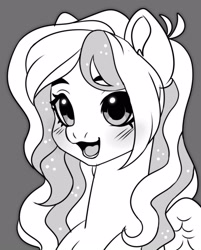 Size: 1740x2160 | Tagged: safe, artist:konejo, oc, oc only, pegasus, pony, blushing, bust, ear fluff, eyes open, female, mare, monochrome, open mouth, simple background, solo, two toned mane