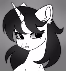 Size: 1983x2160 | Tagged: safe, artist:konejo, oc, oc only, pony, blushing, bust, ear fluff, eyes open, female, gritted teeth, looking away, mare, monochrome, simple background, solo, teeth