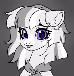 Size: 2082x2160 | Tagged: safe, artist:konejo, oc, oc only, pony, blushing, bust, ear fluff, eyes open, female, looking at you, mare, mlem, monochrome, purple eyes, silly, simple background, solo, tongue out, two toned mane