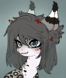 Size: 1824x2160 | Tagged: safe, artist:konejo, oc, oc only, cat, cat pony, original species, bust, choker, cut, ear fluff, eyes open, female, gritted teeth, looking at you, mare, reference, signature, simple background, solo, spots, teeth