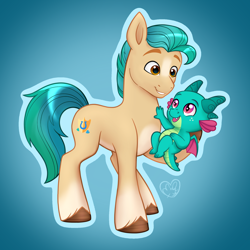 Size: 2048x2048 | Tagged: safe, artist:lightningchaser2000, hitch trailblazer, sparky sparkeroni, dragon, earth pony, pony, g5, baby, baby dragon, duo, duo male, father and child, father and son, gradient background, holding a dragon, looking at each other, looking at someone, male, papa hitch, smiling, stallion