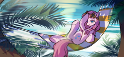 Size: 2234x1024 | Tagged: safe, artist:alus, pinkie pie, earth pony, pony, g4, hammock, ocean, outdoors, palm tree, pinkamena diane pie, solo, sunglasses, tree, water