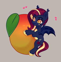 Size: 2722x2779 | Tagged: safe, artist:melissa, oc, oc only, oc:nightingale ode, bat pony, pony, bat pony oc, bat wings, birthmark, blue body, colored belly, colored hooves, ear fluff, eating, fangs, female, food, hat, heart, hooves, mango, mare, red hair, solo, tiny, tiny ponies, wings, yellow eyes