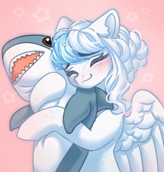 Size: 2057x2160 | Tagged: safe, artist:konejo, oc, oc only, pegasus, pony, g4, eyes closed, female, horn, hug, insanity, mare, plushie, shark plushie, signature, simple background, smiling, solo, spread wings, wings