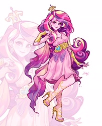 Size: 1662x2048 | Tagged: safe, artist:libbly_libby, kotobukiya, princess cadance, human, g4, belt, blushing, bracelet, clothes, crown, female, high heels, humanized, jewelry, kotobukiya princess cadance, long hair, looking at you, pink dress, pink hair, regalia, shoes, simple background, smiling, smiling at you, solo, solo female, stockings, thigh highs