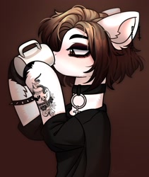 Size: 1824x2160 | Tagged: safe, artist:konejo, oc, oc only, earth pony, pony, g4, choker, clothes, coffee, cup, drink, drinking, ear fluff, ear piercing, female, gradient background, looking at something, mare, mug, piercing, signature, solo, tattoo