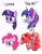 Size: 1583x2048 | Tagged: safe, artist:anxietymonstrr, pinkie pie, twilight sparkle, earth pony, mouse, pony, rat, unicorn, g4, :p, blue eyes, bust, canon vs fanon, comparison, different artstyle, duo, duo female, ear fluff, fanart, female, floating head, furry, heterochromia, horn, meta, muzzle, orange eyes, orange mane, pink coat, pink mane, purple coat, purple eyes, purple mane, red eyes, simple background, style comparison, style emulation, text, tongue out, whiskers, white background