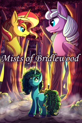 Size: 2000x3000 | Tagged: safe, artist:littletigressda, misty brightdawn, opaline arcana, sunset shimmer, alicorn, pony, unicorn, fanfic:forgotten, g4, g5, bridlewood, butt, caption, crepuscular rays, fanfic, fanfic art, fanfic cover, female, forest, high res, horn, looking at each other, looking at someone, mare, mistybutt, nature, outdoors, plot, scenery, text, tree, trio, trio female