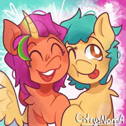 Size: 1080x1080 | Tagged: safe, artist:citrusnoma_pon3, hitch trailblazer, sunny starscout, alicorn, earth pony, pony, g5, :p, abstract background, cheek squish, cheek to cheek, cute, duo, duo male and female, eyes closed, female, hitchbetes, hug, male, mane stripe sunny, mare, race swap, ship:starblazer, shipping, squishy cheeks, stallion, straight, sunnybetes, sunnycorn, tongue out