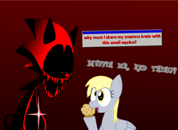 Size: 1636x1196 | Tagged: safe, artist:anarackwstudios, derpy hooves, pegasus, pony, g4, .exe, creepypasta, crossover, duo, exe, fangs, fatal error, female, food, gradient background, looking down, looking up, mare, microsoft, microsoft windows, muffin, offering, open mouth, pop up, raised hoof, red, red background, red eyes, sharp teeth, shiny, sonic the hedgehog, sonic the hedgehog (series), sonic.exe, tail, talking, teeth, text