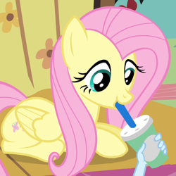 Size: 720x720 | Tagged: safe, edit, edited screencap, screencap, fluttershy, pegasus, pony, filli vanilli, g4, my little pony: friendship is magic, season 4, cup, drink, drinking, female, hand, implied rainbow dash, lying down, mare, mouth hold, prone, soda