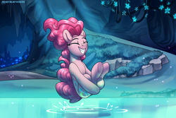 Size: 3000x2000 | Tagged: safe, artist:jedayskayvoker, pinkie pie, earth pony, pony, g4, cannonball, cave, commission, detailed background, eyes closed, female, jumping, lake, mirror pool, smiling, solo, vegetation, water