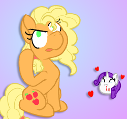 Size: 644x603 | Tagged: safe, artist:cxcd, applejack, rarity, earth pony, unicorn, g4, my little pony: friendship is magic, blood, curly mane, duo, duo female, female, floating head, gradient background, heart, horn, lesbian, nosebleed, ship:rarijack, shipping