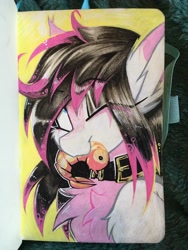 Size: 3024x4032 | Tagged: safe, artist:madragon, oc, oc only, oc:lunylin, shrimp, :3, bangs, belt, bust, chest fluff, collar, colored, ear fluff, eyeshadow, female, looking up, makeup, mare, one eye closed, pink fur, portrait, posca, simple background, solo, traditional art, yellow background