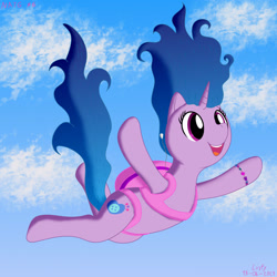 Size: 1920x1920 | Tagged: safe, artist:lurfy, izzy moonbow, pony, unicorn, g5, atg 2023, clothes, falling, female, freefall, horn, mare, newbie artist training grounds, outdoors, sky, skydiving, solo