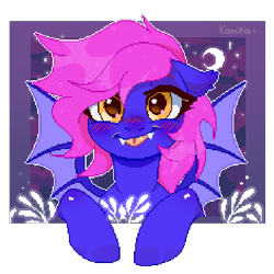 Size: 600x600 | Tagged: safe, artist:3akypo, oc, oc:windvile, bat pony, abstract background, bat pony oc, bust, commission, digital art, fangs, female, looking at you, membranous wings, pixel art, portrait, simple background, smiling, transparent background, wings, ych result