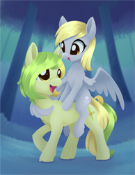 Size: 2127x2736 | Tagged: safe, artist:dusthiel, derpy hooves, oc, oc:dust wind, earth pony, pony, g4, female, mare, ponies riding ponies, riding, riding a pony