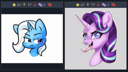 Size: 811x457 | Tagged: safe, artist:murny, artist:zutcha, starlight glimmer, trixie, pony, unicorn, derpibooru, g4, :3, bust, fangs, female, horn, juxtaposition, juxtaposition win, lidded eyes, mare, meme, meta, portrait, tongue out