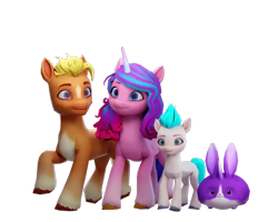 Size: 640x511 | Tagged: safe, hitch trailblazer, izzy moonbow, zipp storm, earth pony, pegasus, rabbit, unicorn, g5, official, animal, horn, looking at you, looking away, raised hoof, recolor, roblox, simple background, transparent background, video game