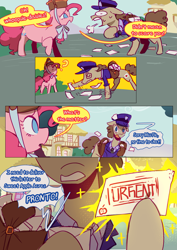 Size: 2733x3866 | Tagged: safe, artist:piesinful, parcel post, pinkie pie, post haste, comic:unlucky day, fanfic:cupcakes, g4, comic, food, pie