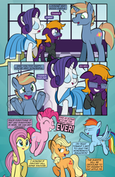 Size: 1920x2948 | Tagged: safe, artist:alexdti, applejack, fluttershy, pinkie pie, rainbow dash, rarity, oc, oc:brainstorm (alexdti), oc:purple creativity, pony, comic:quest for friendship retold, g4, clothes, dress, tuxedo