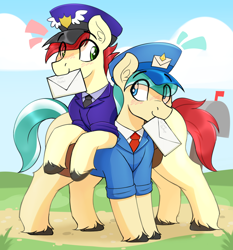 Size: 4014x4308 | Tagged: safe, artist:czu, care package, proper postal, special delivery, crystal pony, earth pony, pegasus, g4, blushing, clothes, cute, dirt road, duo, duo male, ear fluff, envelope, looking at each other, looking at someone, mailpony, male, mouth hold, properbetes, stallion, suit, unshorn fetlocks