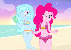 Size: 1143x800 | Tagged: safe, artist:shieldwingarmorofgod, pinkie pie, oc, oc:jemima sparkle, human, equestria girls, g4, beach, bikini, clothes, duo, duo female, female, one eye closed, swimsuit, wink