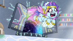 Size: 2400x1350 | Tagged: safe, artist:shad0w-galaxy, odessa evensong, cyborg, cyborg pony, earth pony, pony, g5, my little pony: tell your tale, the petal gala, leak, spoiler:g5, spoiler:my little pony: tell your tale, bookshelf, clothes, concept art, crystal brighthouse, door, ear piercing, earring, female, freckles, gold jewelry, headband, heart freckles, indoors, jewelry, leg warmers, mare, necklace, open mouth, panic, panicking, piercing, portal, time travel