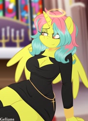 Size: 2695x3706 | Tagged: safe, artist:gelians, oc, alicorn, anthro, clothes, dress, female, halo, mare, solo