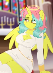 Size: 2695x3706 | Tagged: safe, alternate version, artist:gelians, oc, alicorn, anthro, clothes, dress, female, halo, mare, solo