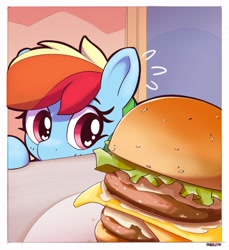 Size: 1872x2048 | Tagged: safe, artist:pabbley, rainbow dash, pegasus, pony, g4, burger, emanata, female, food, heart, heart eyes, imminent consumption, lacrimal caruncle, mare, passepartout, solo, that pony sure does love burgers, want, wingding eyes