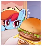 Size: 1872x2048 | Tagged: safe, artist:pabbley, rainbow dash, pegasus, pony, g4, burger, cheese, emanata, female, food, heart, heart eyes, imminent consumption, lacrimal caruncle, lettuce, mare, mayonnaise, meat, passepartout, ponies eating meat, sauce, solo, that pony sure does love burgers, tomato, want, wingding eyes