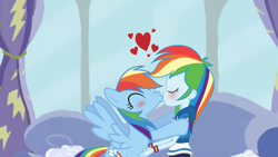 Size: 1920x1080 | Tagged: safe, anonymous artist, derpibooru exclusive, rainbow dash, human, pegasus, pony, equestria girls, g4, blushing, clothes, female, floating heart, heart, hoodie, human and pony, human ponidox, indoors, interspecies selfcest, jacket, kissing, lesbian, making out, pony on human kissing, rainbow dash's house, self paradox, self ponidox, selfcest, ship:dashdash, shipping, shirt, spread wings, wingboner, wings, wristband