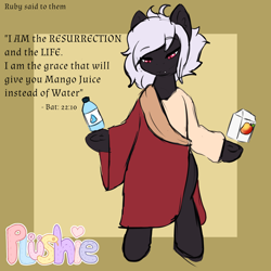 Size: 2000x2000 | Tagged: artist needed, safe, oc, oc:midnight ruby, bat pony, bat pony oc, bible verse, bipedal, black and white, clothes, feral, grayscale, jesus christ, mango juice, monochrome, parody, red eyes, religion, robe, simple background, standing pony, text, white mane