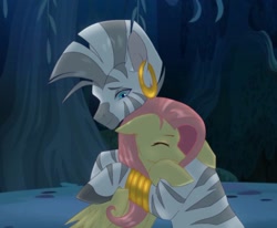 Size: 1650x1357 | Tagged: safe, artist:kaeweor, fluttershy, zecora, pegasus, pony, zebra, g4, duo, duo female, eyes closed, female, height difference, hug, lesbian, mare, shipping, shycora