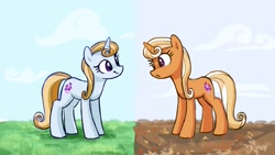 Size: 1299x733 | Tagged: safe, artist:backgroundmares, autumn meadow, summer meadow, pony, unicorn, g4, autumn, duo, duo female, female, friendship student, horn, looking at each other, looking at someone, mare, outdoors, smiling, summer, tail