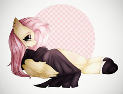 Size: 3536x2700 | Tagged: safe, artist:affeliii, fluttershy, pegasus, pony, g4, eyeshadow, female, fluttergoth, frown, high res, lidded eyes, looking at you, looking back, looking back at you, lying down, makeup, mare, on side, solo