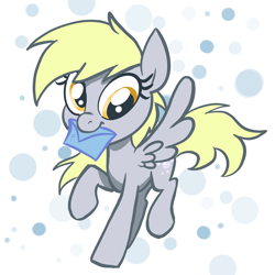 Size: 2048x2048 | Tagged: safe, artist:pfeffaroo, derpy hooves, pegasus, pony, g4, abstract background, female, full body, high res, hooves, letter, mare, mouth hold, raised hoof, raised leg, solo, spread wings, wings