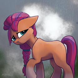 Size: 2048x2048 | Tagged: safe, artist:pfeffaroo, sunny starscout, earth pony, pony, g5, blank flank, braid, cloud, coat markings, female, floppy ears, high res, mare, rain, raised hoof, sad, socks (coat markings), solo