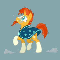 Size: 2048x2048 | Tagged: safe, artist:pfeffaroo, sunburst, pony, unicorn, g4, cloak, clothes, coat markings, facial hair, glasses, glowing, glowing horn, goatee, high res, horn, male, raised hoof, simple background, smiling, socks (coat markings), solo, stallion, sunburst's cloak