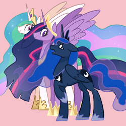 Size: 2048x2048 | Tagged: safe, artist:pfeffaroo, part of a set, princess celestia, princess luna, twilight sparkle, alicorn, pony, g4, my little pony: friendship is magic, the last problem, age progression, exasperated face, female, floppy ears, flowing mane, folded wings, frustrated, height difference, high res, hoof shoes, jewelry, line-up, looking at each other, looking at someone, looking down, looking up, mare, older, older twilight, older twilight sparkle (alicorn), open mouth, peytral, pink background, princess twilight 2.0, profile, raised hoof, regalia, royal sisters, siblings, simple background, sisters, size difference, smiling, spread wings, standing, teary eyes, trio, twilight sparkle (alicorn), unfair, wings