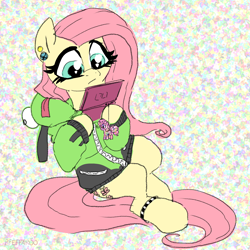 Size: 2048x2048 | Tagged: safe, artist:pfeffaroo, fluttershy, pinkie pie, pegasus, pony, antonymph, cutiemarks (and the things that bind us), vylet pony, g4, abstract background, anklet, clothes, ear piercing, fluttgirshy, gir, high res, hoodie, hoof hold, invader zim, jewelry, keychain, nintendo ds, piercing, solo