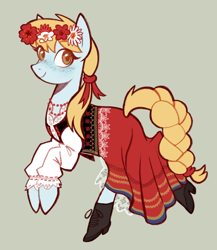 Size: 1536x1773 | Tagged: safe, artist:cowboypony, oc, oc only, unnamed oc, earth pony, braid, braided tail, clothes, commission, dress, earth pony oc, female, flower, flower in hair, freckles, green background, looking at you, mare, poland, shoes, simple background, solo, tail