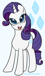 Size: 1300x2200 | Tagged: safe, artist:leopardsnaps, rarity, pony, unicorn, g4, :d, cutie mark, cutie mark background, eyeshadow, horn, looking at you, makeup, open mouth, open smile, smiling, smiling at you, solo