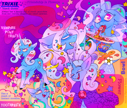 Size: 1754x1500 | Tagged: safe, artist:ayyolilikoi, trixie, pony, unicorn, g4, anus, eating, eyes closed, fangs, female, fetlock tuft, food, furrowed brow, horn, instant noodles, mare, noodles, nudity, ponut, solo, text, unshorn fetlocks