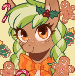 Size: 1116x1132 | Tagged: safe, artist:cowboypony, oc, oc only, oc:sylvia evergreen, pegasus, bowtie, bust, candy, candy cane, christmas, commission, cookie, female, food, freckles, gingerbread (food), hearth's warming eve, holiday, holly, looking at you, mare, pegasus oc, portrait, solo, your character here