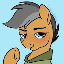 Size: 1400x1400 | Tagged: safe, artist:leopardsnaps, quibble pants, earth pony, pony, g4, blue background, clothes, collared shirt, light blue background, looking at you, male, raised hoof, shirt, simple background, sketch, solo, stallion, underhoof