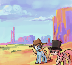 Size: 893x802 | Tagged: safe, artist:backgroundmares, apricot bow, cornflower, earth pony, pony, g4, cloud, duo, duo female, female, hat, lidded eyes, mare, open mouth, open smile, outdoors, raised hoof, smiling, tail, top hat