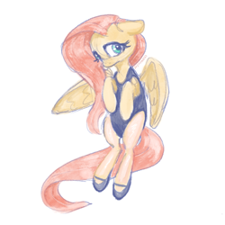 Size: 2048x2048 | Tagged: safe, artist:pfeffaroo, fluttershy, pegasus, pony, g4, ballet slippers, bipedal, clothes, female, floppy ears, fluttershy leotard, high res, hooves to the chest, leotard, looking at you, mare, simple background, solo, spread wings, three quarter view, white background, wings