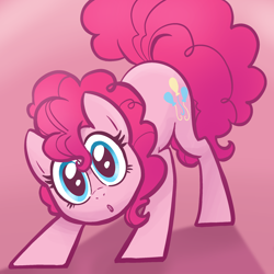 Size: 2048x2048 | Tagged: safe, artist:pfeffaroo, pinkie pie, earth pony, pony, g4, ass up, curious, cute, diapinkes, face down ass up, female, full face view, gradient background, head tilt, high res, looking at you, mare, open mouth, solo, standing, wide eyes